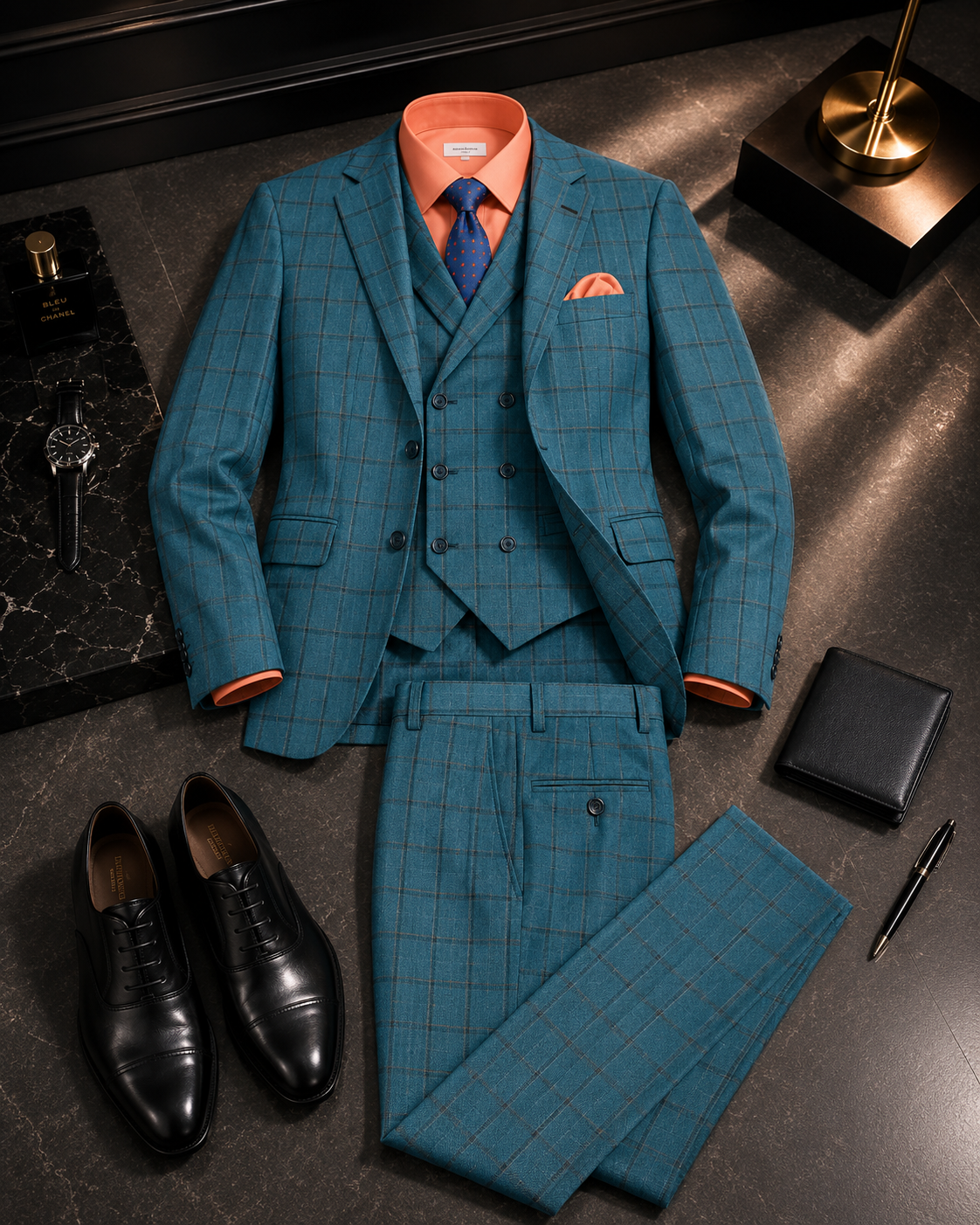 Vinci Philosophy Modern Fit 3-Piece Windowpane Suit with Flex Waistband