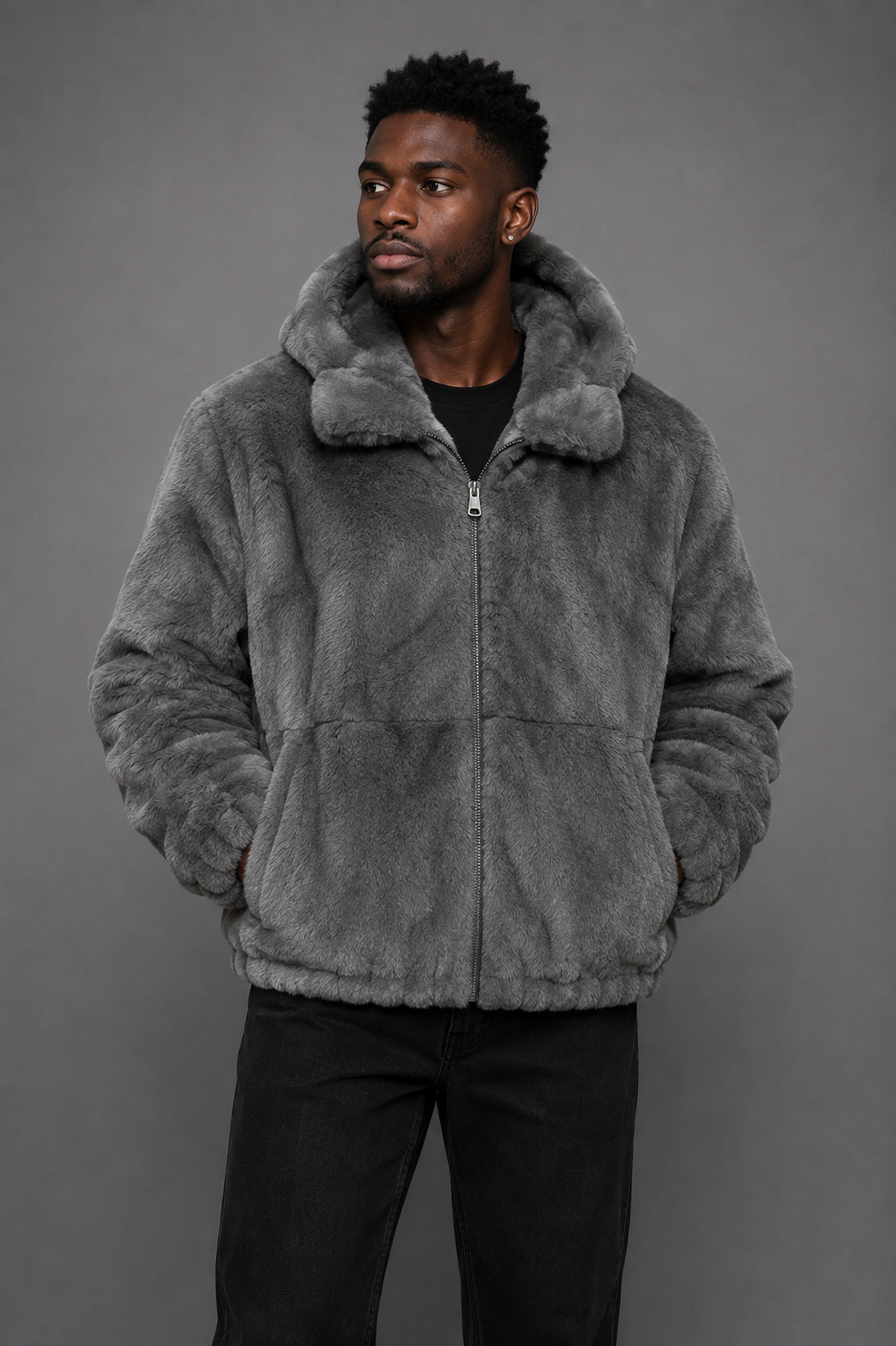 Winter Fur Men's Full-Skin Rabbit Fur Jacket with Detachable Hood