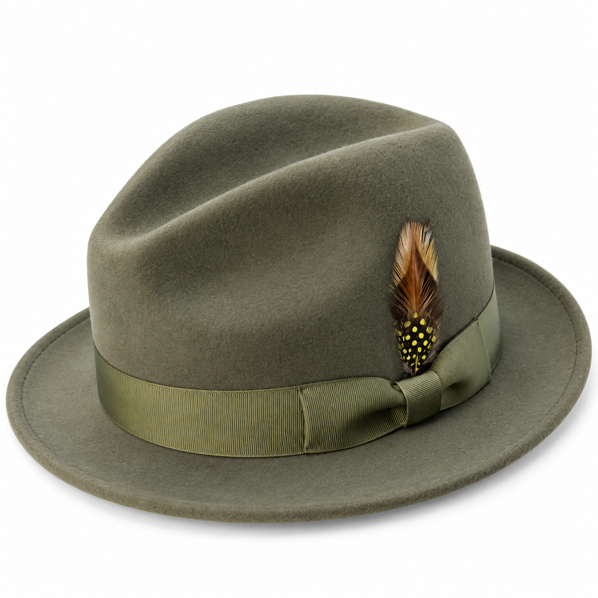 Montique H-60 Olive Lightfelt wool fedora with structured pinch crown, grosgrain ribbon, and feather