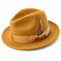 Montique H-60 Gold Lightfelt wool fedora with pinch crown, grosgrain ribbon, and feather