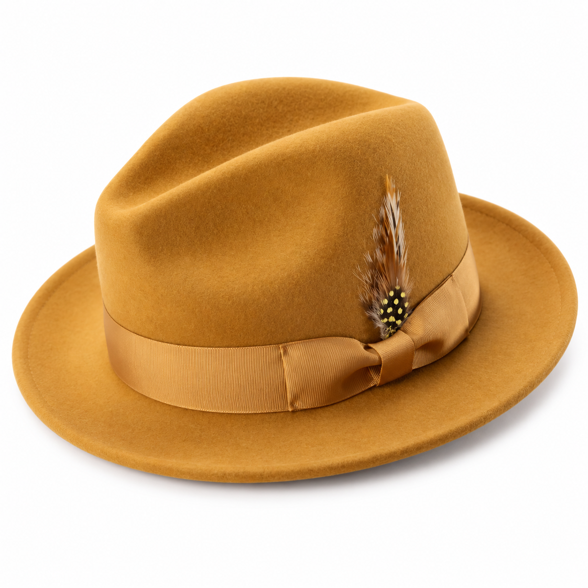Montique H-60 Gold Lightfelt wool fedora with pinch crown, grosgrain ribbon, and feather