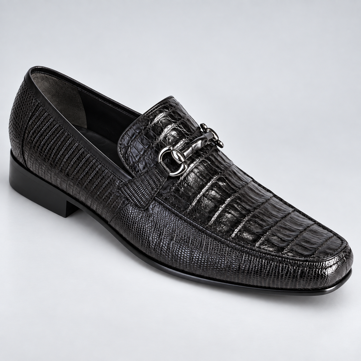 Los Altos ZV103705 black caiman and Teju lizard bit loafer
