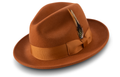 Montique H-60 Cognac Lightfelt wool fedora with snap brim, ribbon-and-bow trim, and feather