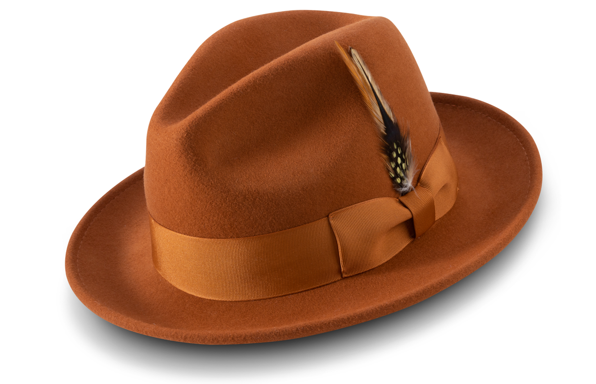 Montique H-60 Cognac Lightfelt wool fedora with snap brim, ribbon-and-bow trim, and feather