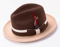 Montique Brown and Beige two-tone wool fedora with contrasting brim and feather accent