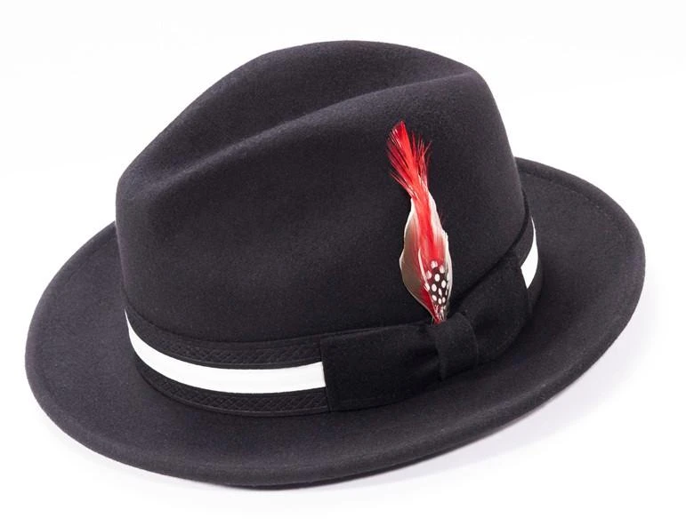 Montique H-100 Black wool dress fedora with textured matching band and red feather accent