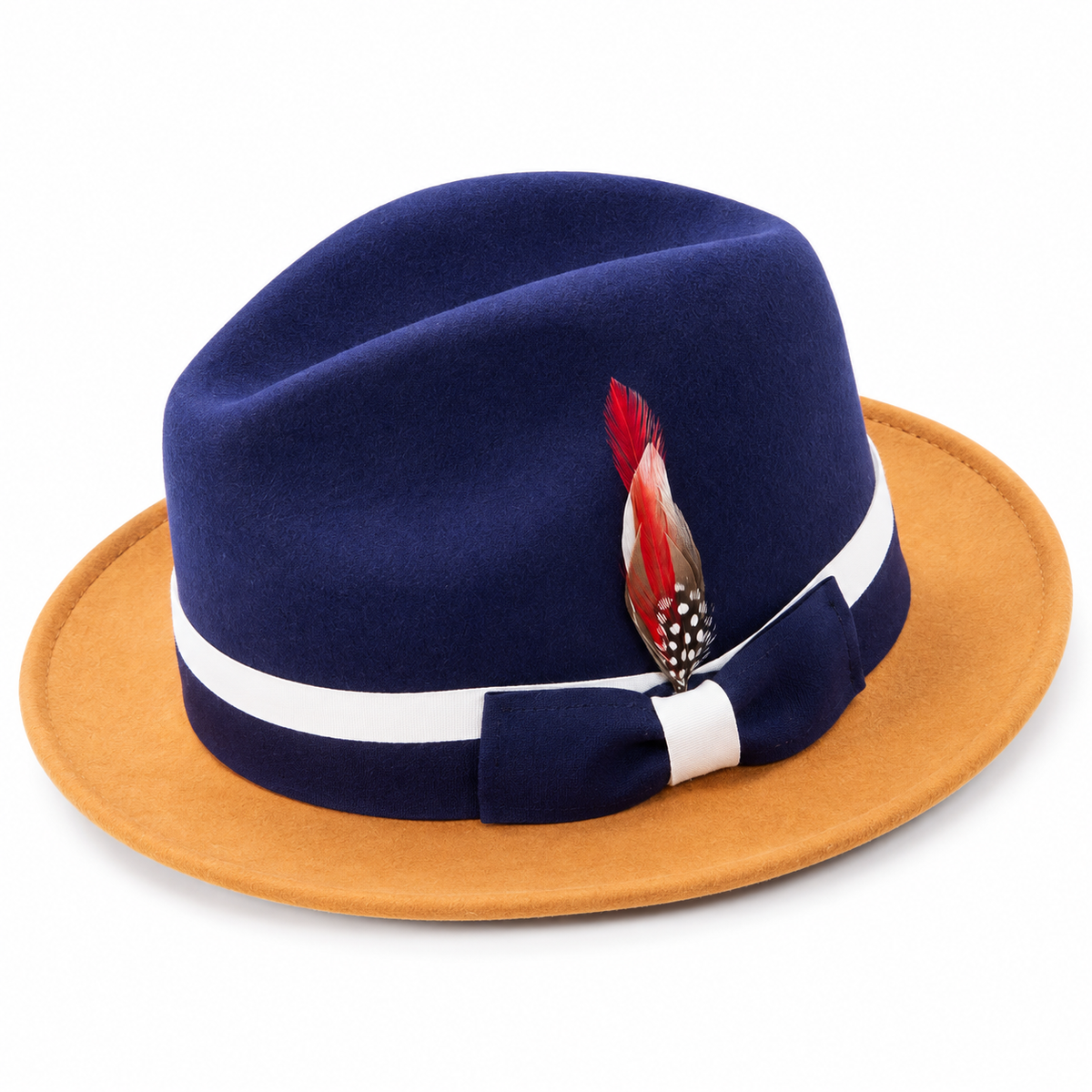 Montique Navy and Cappuccino two-tone Australian wool fedora with pinch-front styling