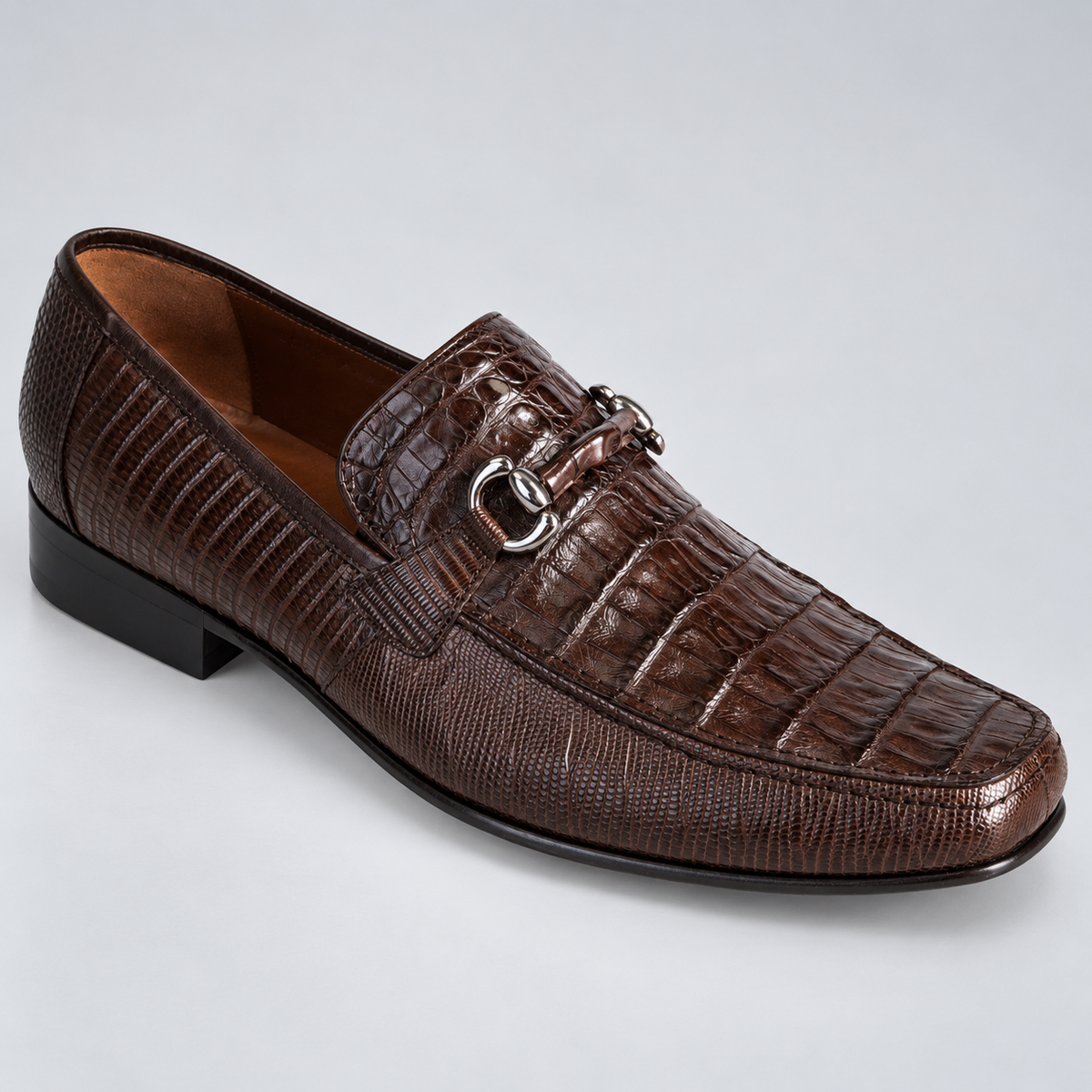 Los Altos ZV103707 brown caiman belly and Teju lizard bit loafer