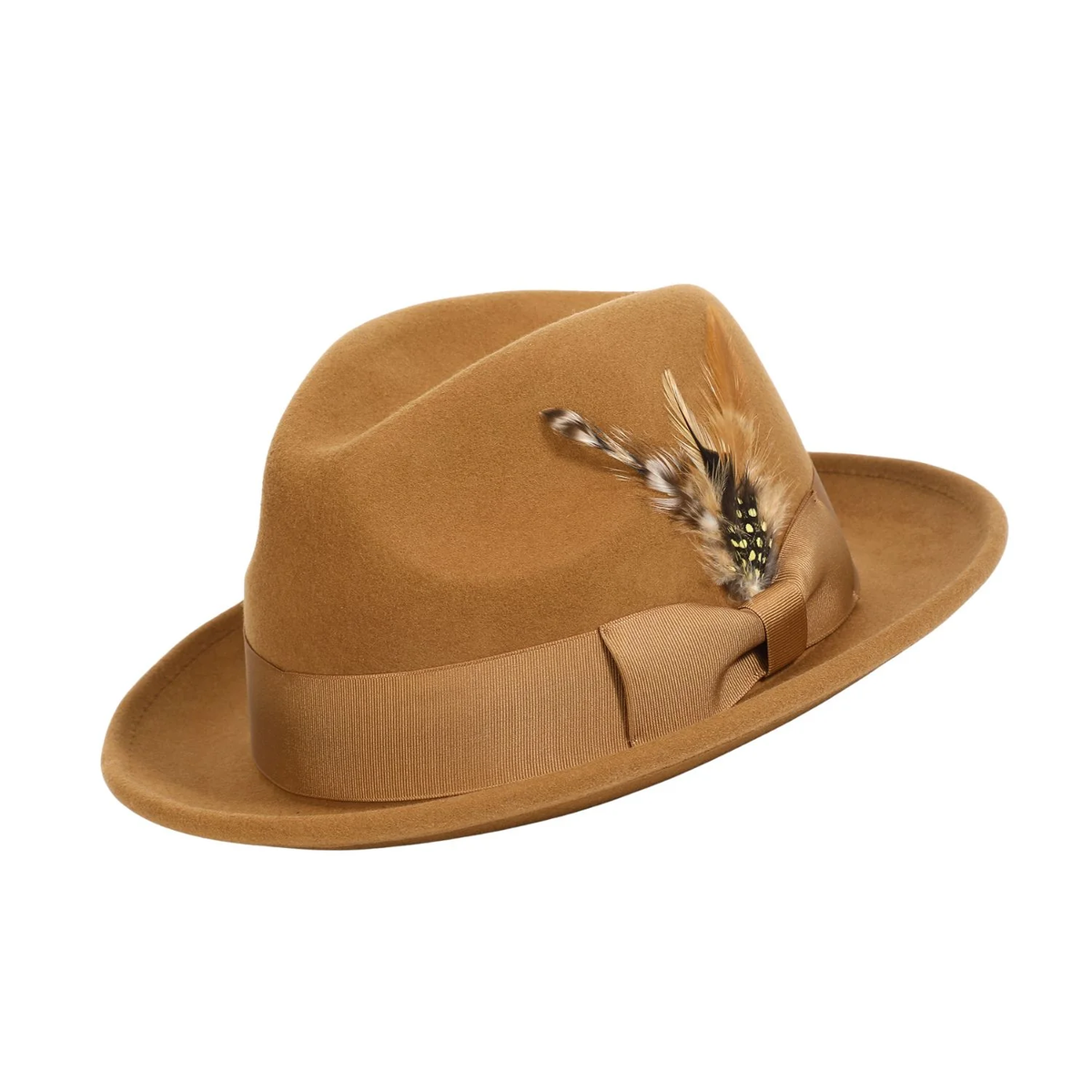 Montique H-10 Cappuccino crushable wool felt fedora with pinch-front crown, snap brim, ribbon, and feather