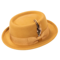 Montique H-88 Gold pork pie fedora with contrasting brown band and feather detail