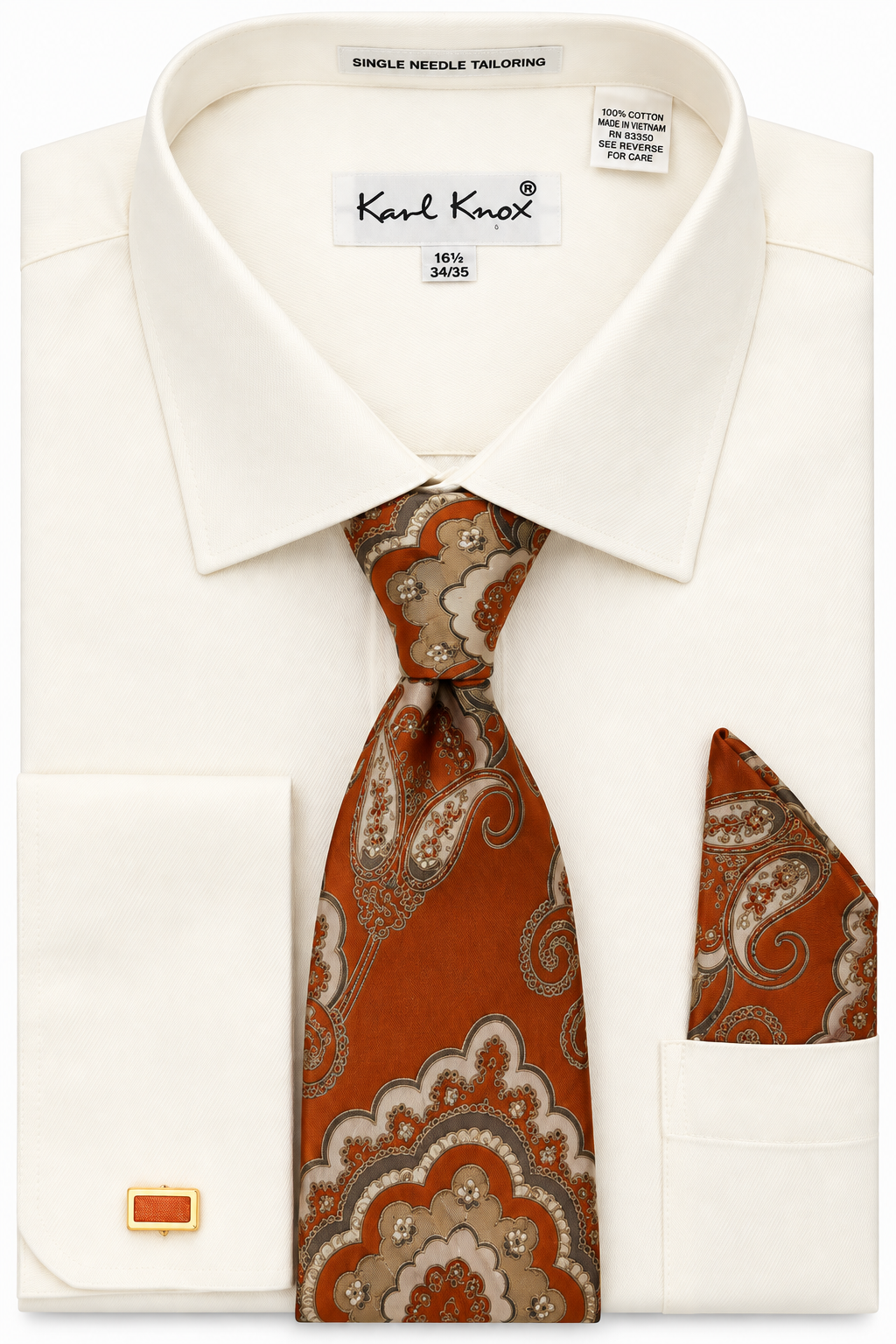 Karl Knox Men's French Cuff Solid Shirt Set - Bold Jacquard Tie