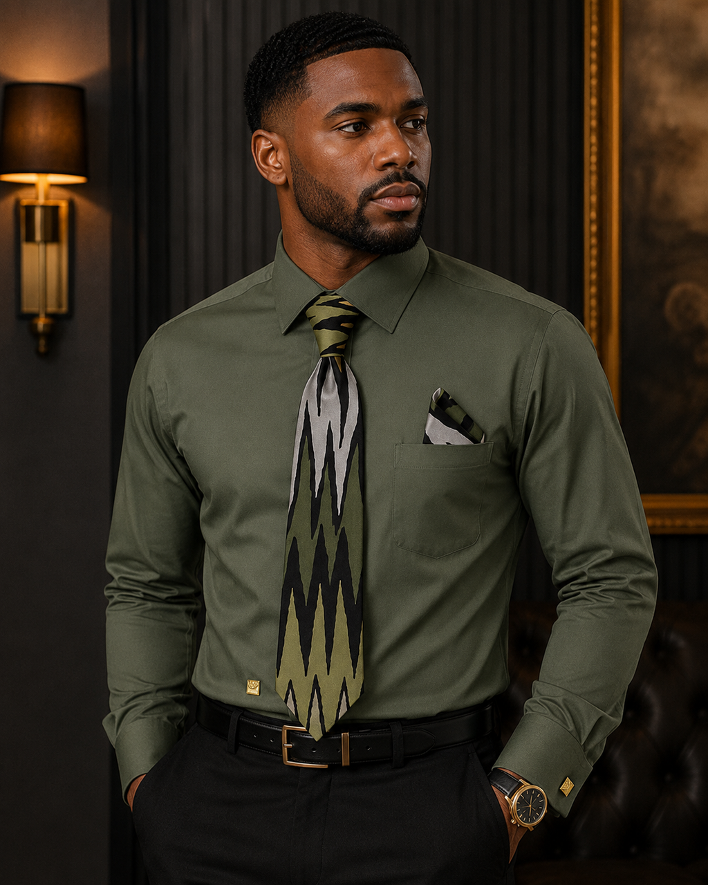 Men's Solid Jacquard Dress Shirt & Tie Set with Collar Bar