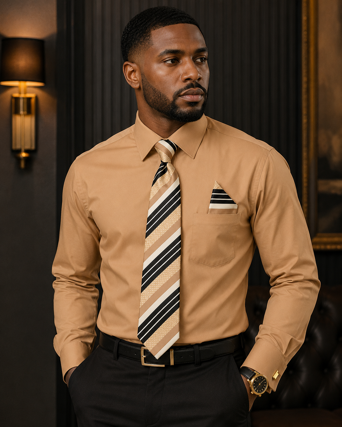 Karl Knox Men's French Cuff Shirt Set - Jacquard Diamond Texture