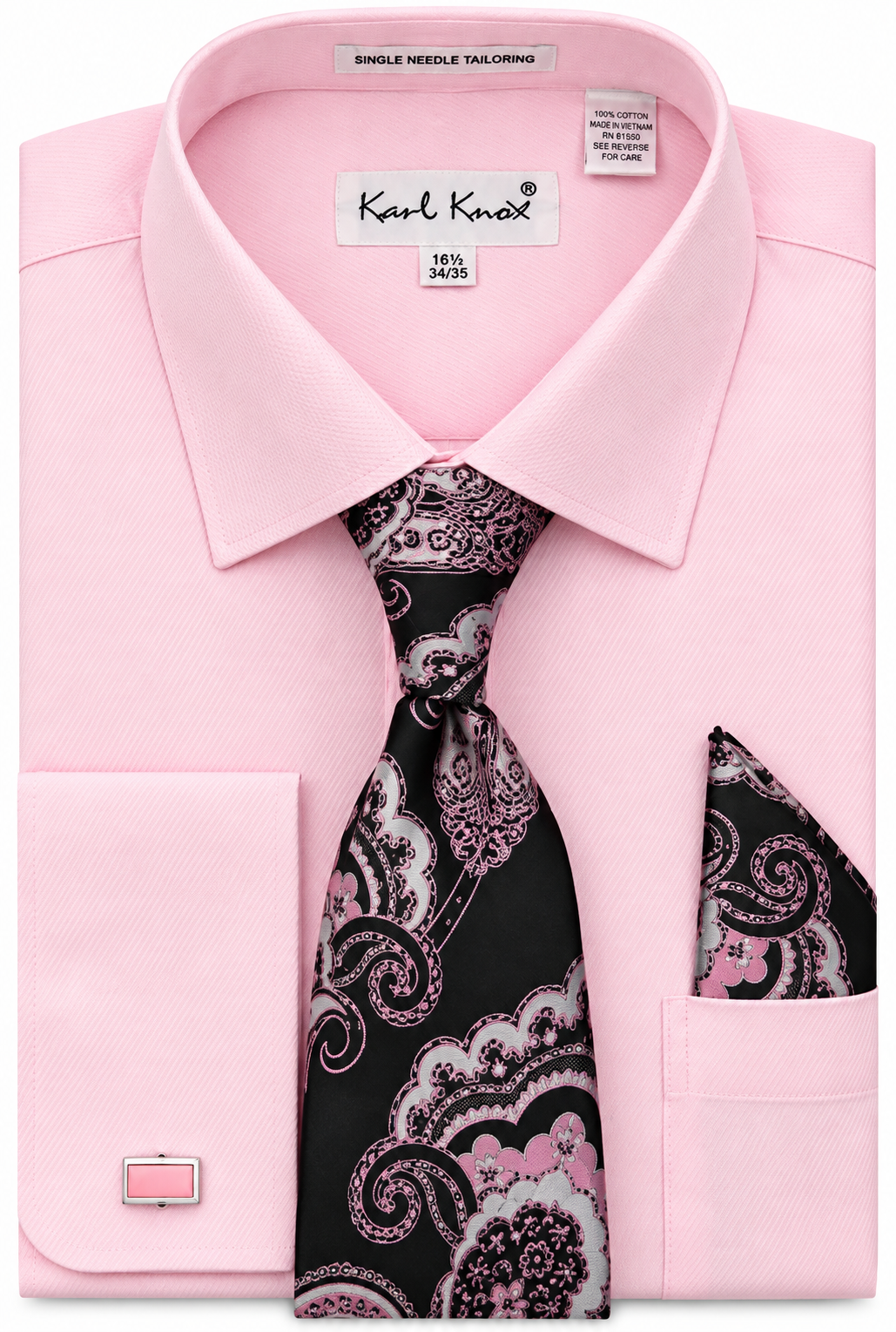 Karl Knox Men's French Cuff Solid Shirt Set - Bold Jacquard Tie