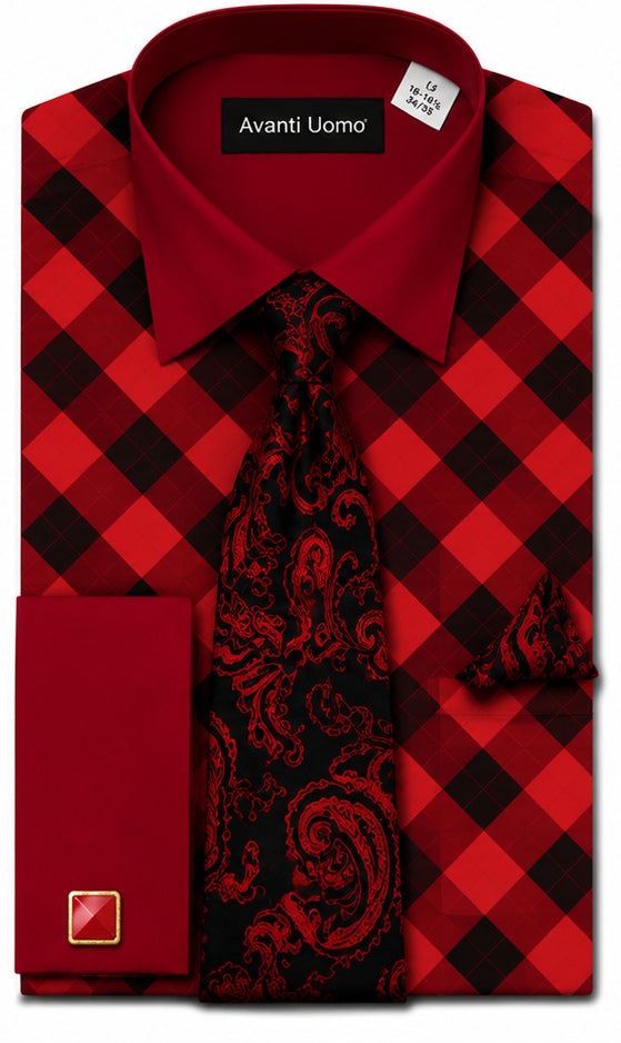 Avanti Uomo Men's Diamond Checkered Dress Shirt and Tie Set