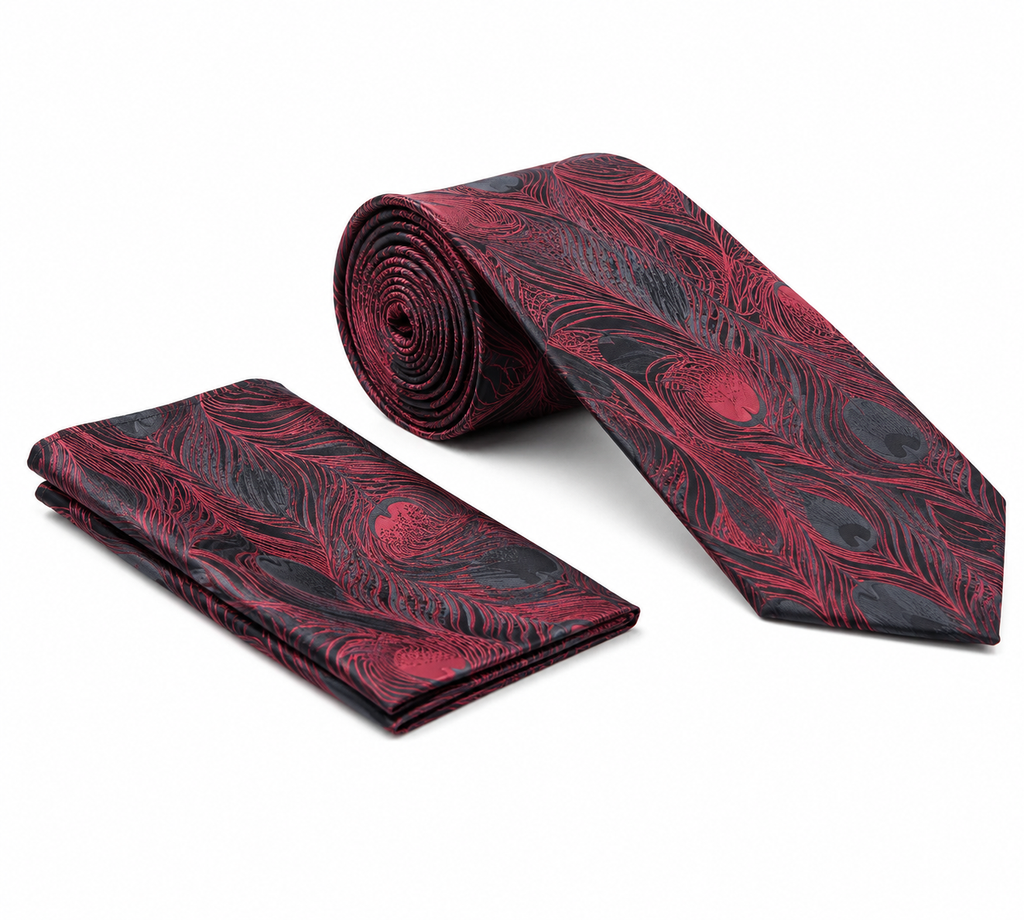 Stacy Adams Peacock Tie & Hanky Set - Burgundy Black