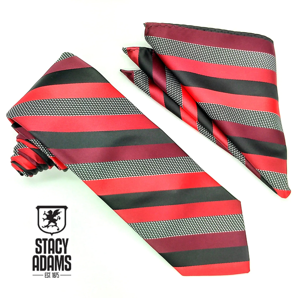 Stacy Adams Diagonal Striped Tie & Hanky Set - Black Red
