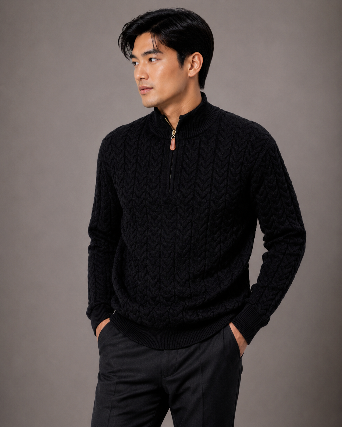 Montique Men's Chevron Cable Knit Quarter-Zip Sweater