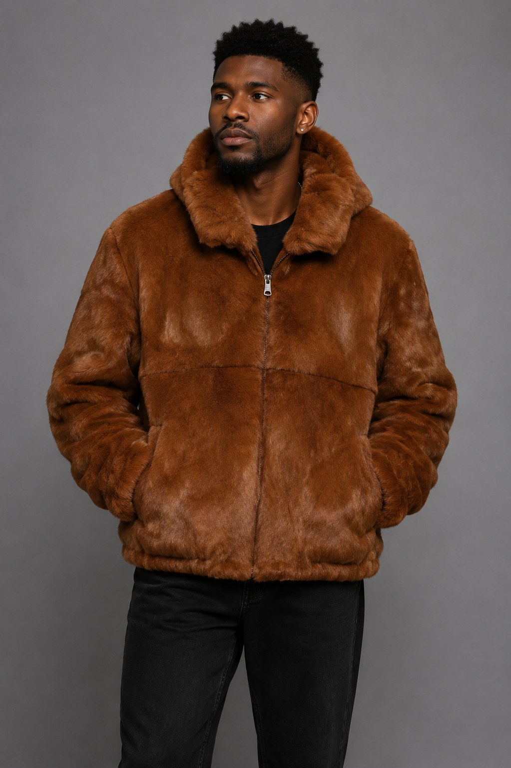 Winter Fur Men's Full-Skin Rabbit Fur Jacket with Detachable Hood